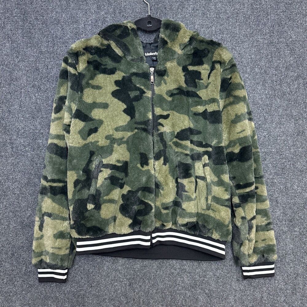 Camouflage Faux Fur Hooded Bomber Jacket Plush Soft Zip Front Green Black S/M